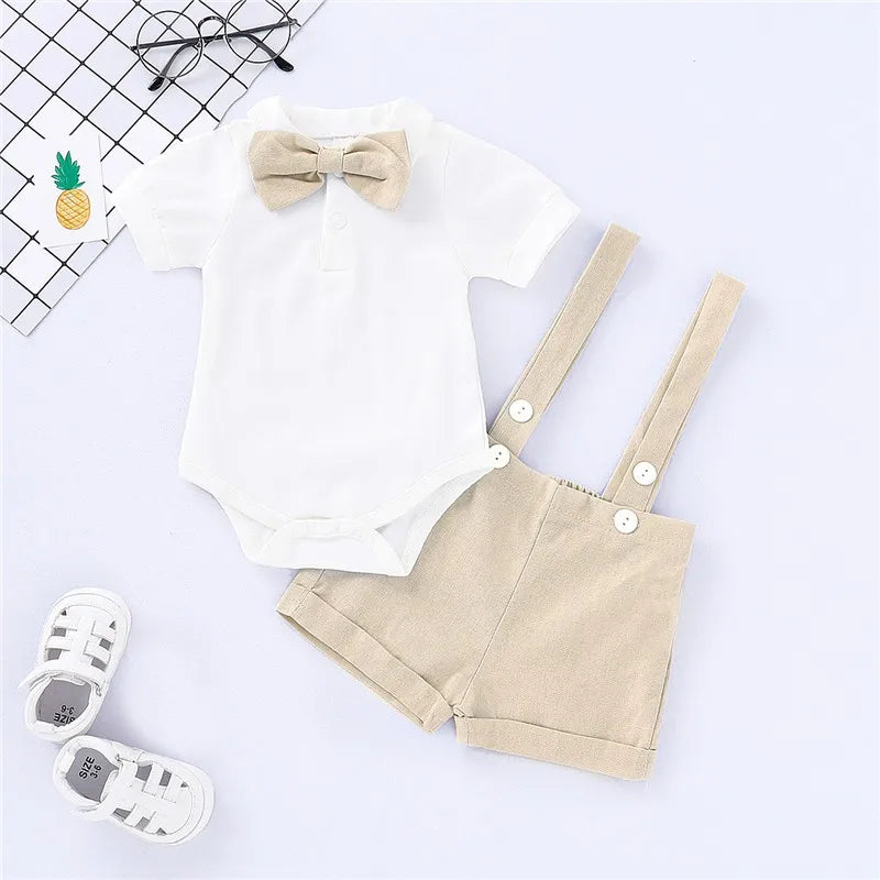 Baby Boy Summer Gentleman Outfit – Bowtie Romper & Suspender Pants Set (0–24M)