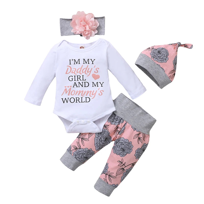 Baby Girl 4PCS Romper Outfit – Rose Pants, Hat & Headband Set (0–18 Months)