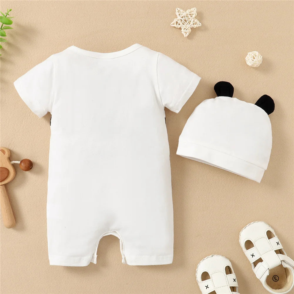 2PCS Baby Boy Panda Romper and Hat Set – Short Sleeve Summer Outfit 0–12 Months