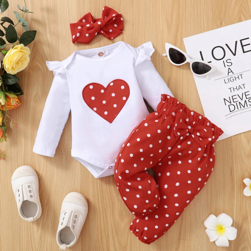 3PCS Baby Girl Outfit – Heart Romper, Pants & Headband Set (0–18 Months)