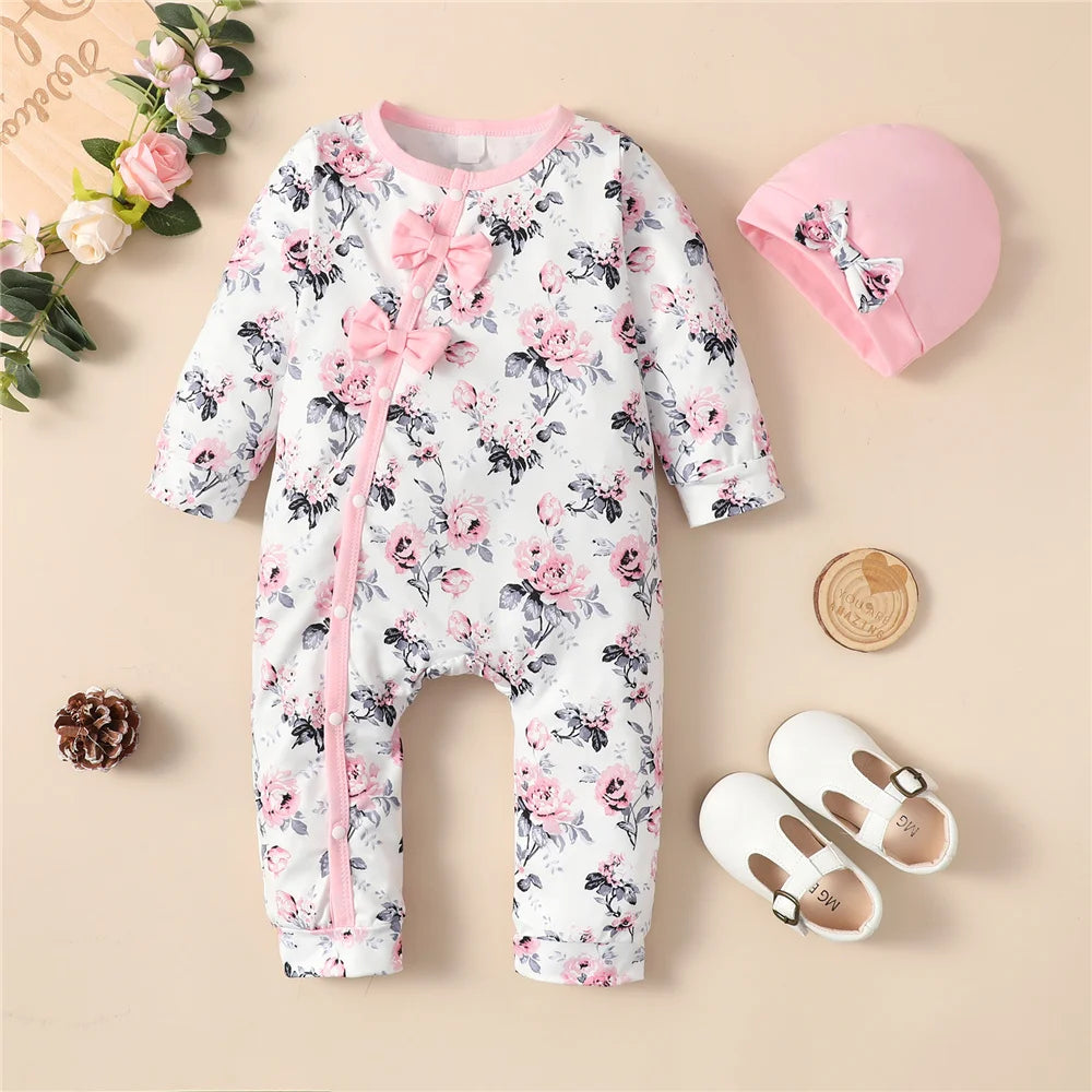 Baby Girl Floral Romper Set with Hat – Long Sleeve Jumpsuit Outfit (0–18 Months)