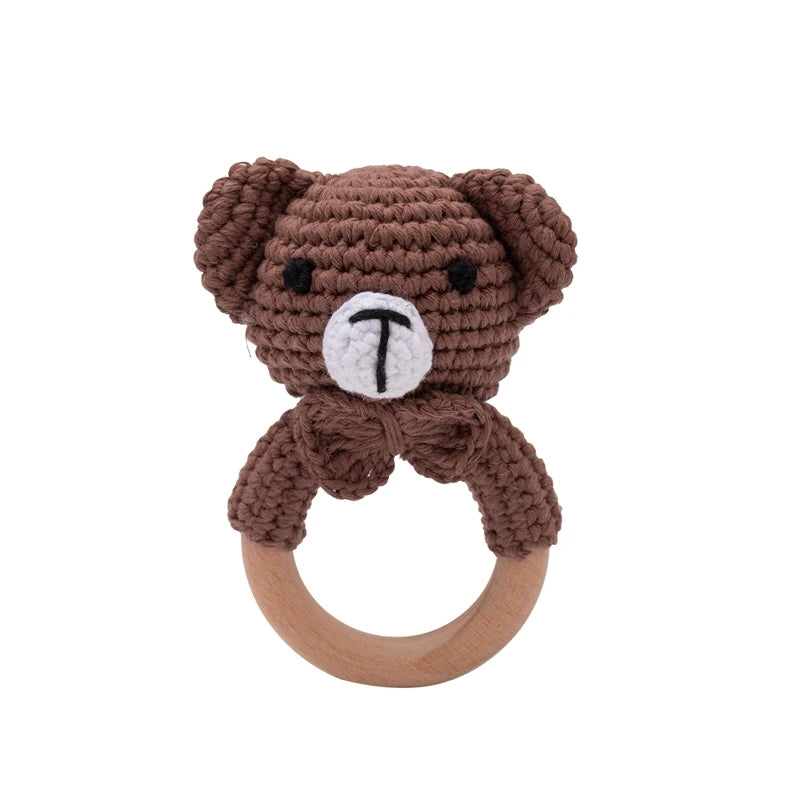 Baby Rattle – Crochet Animal Bear with Wooden Teether Ring | Soft Montessori Pram Toy for Newborns